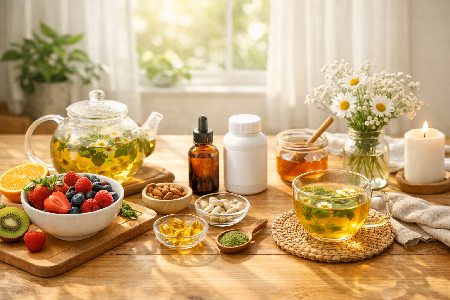 Peaceful morning routine with herbal tea, fresh fruits, and natural supplements on a bright wooden table with soft sunlight streaming through window