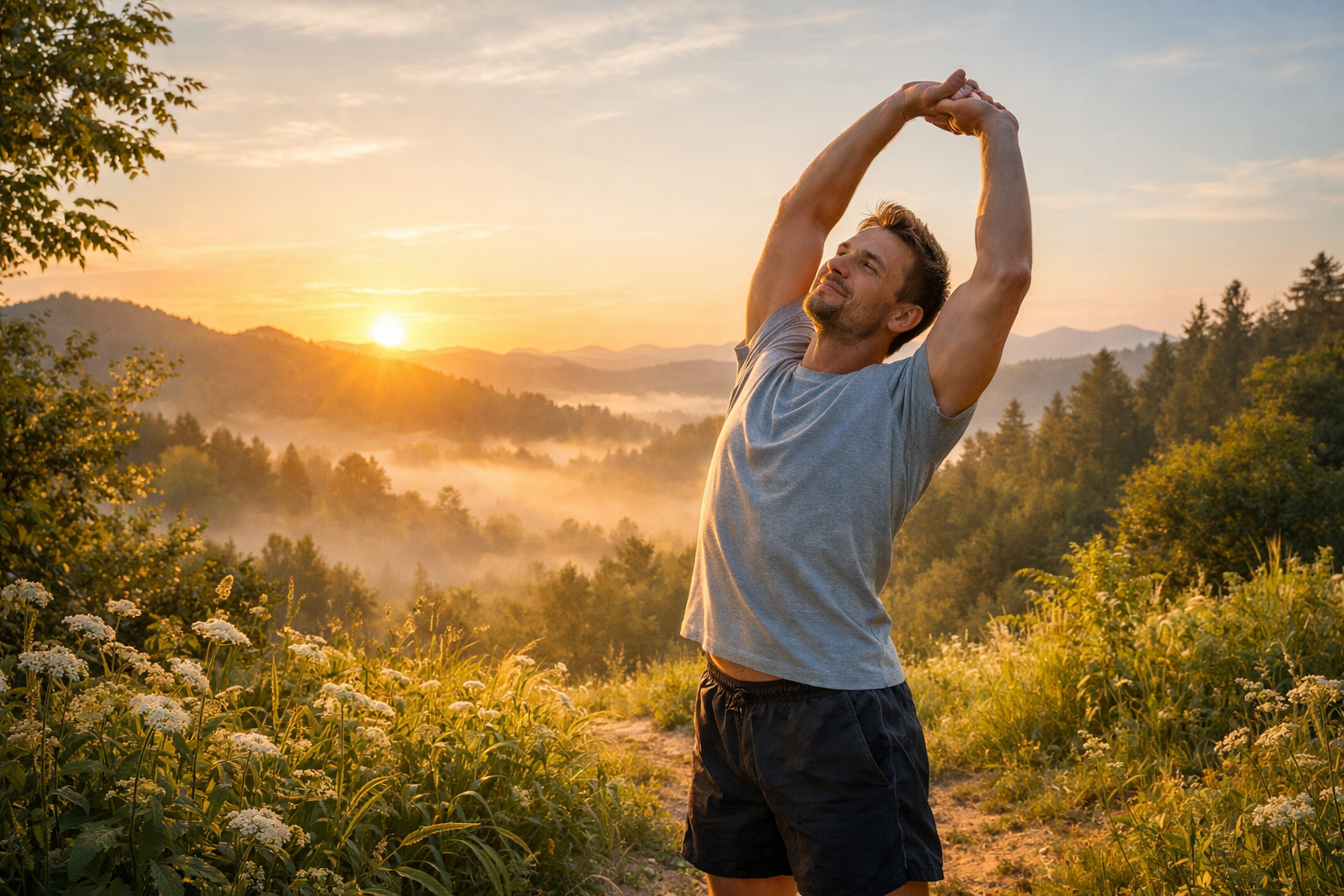 Person stretching outdoors in nature at sunrise, surrounded by greenery and peaceful atmosphere, conveying vitality and natural wellness
